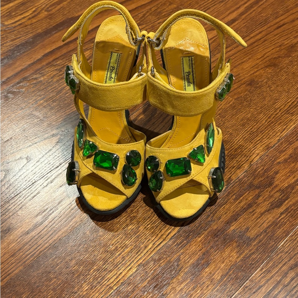 Prada Yellow Suede Heeled Sandals with Green Jewel Accents